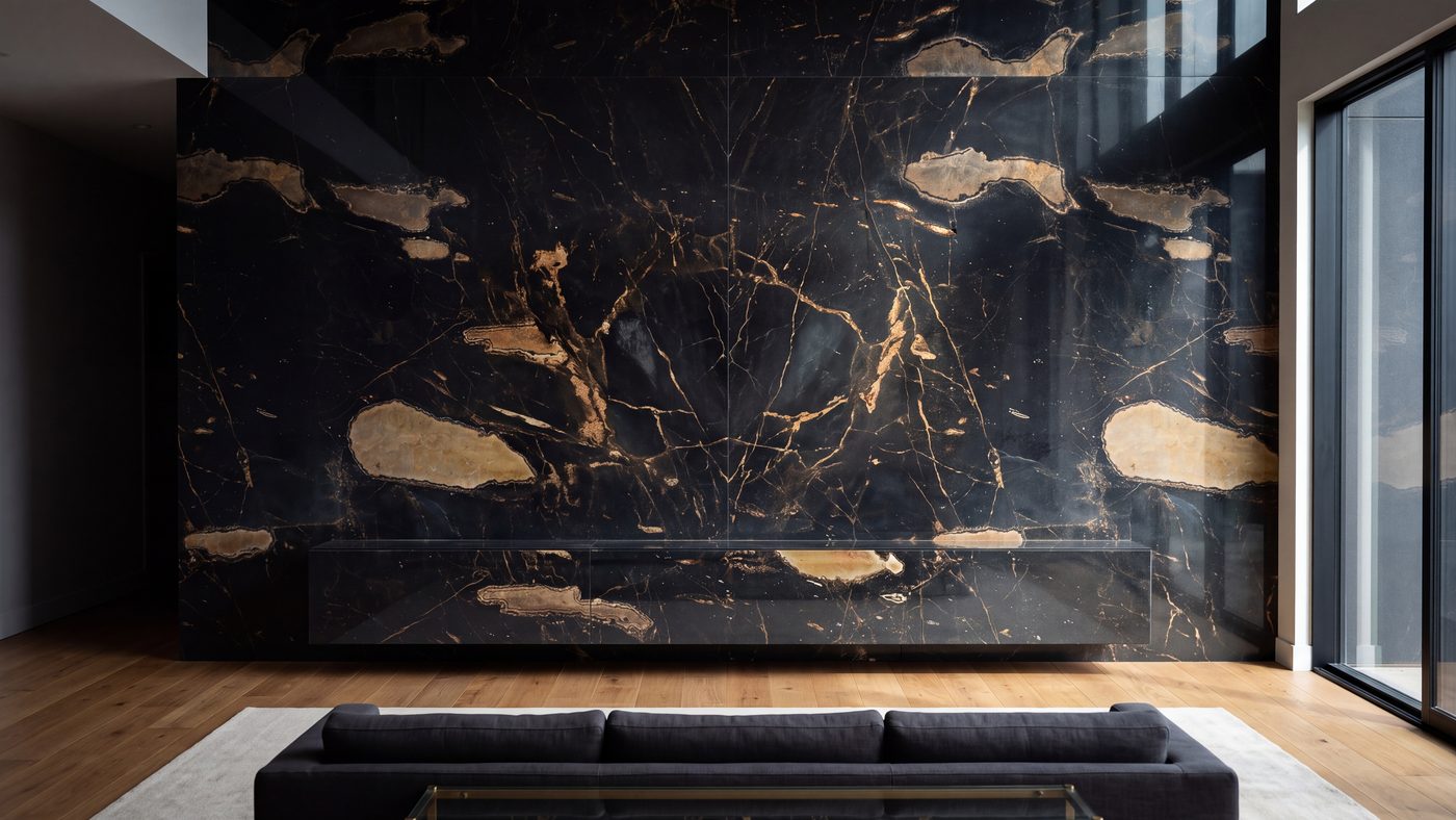 A bare book-matched black-and-gold marble feature wall above a floating stone console in a luxury Okanagan living room, before the television was mounted